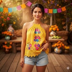 Solei XXLYellow Embroidered Floral Halter Top Manta Handmade Mexican Lace Hem